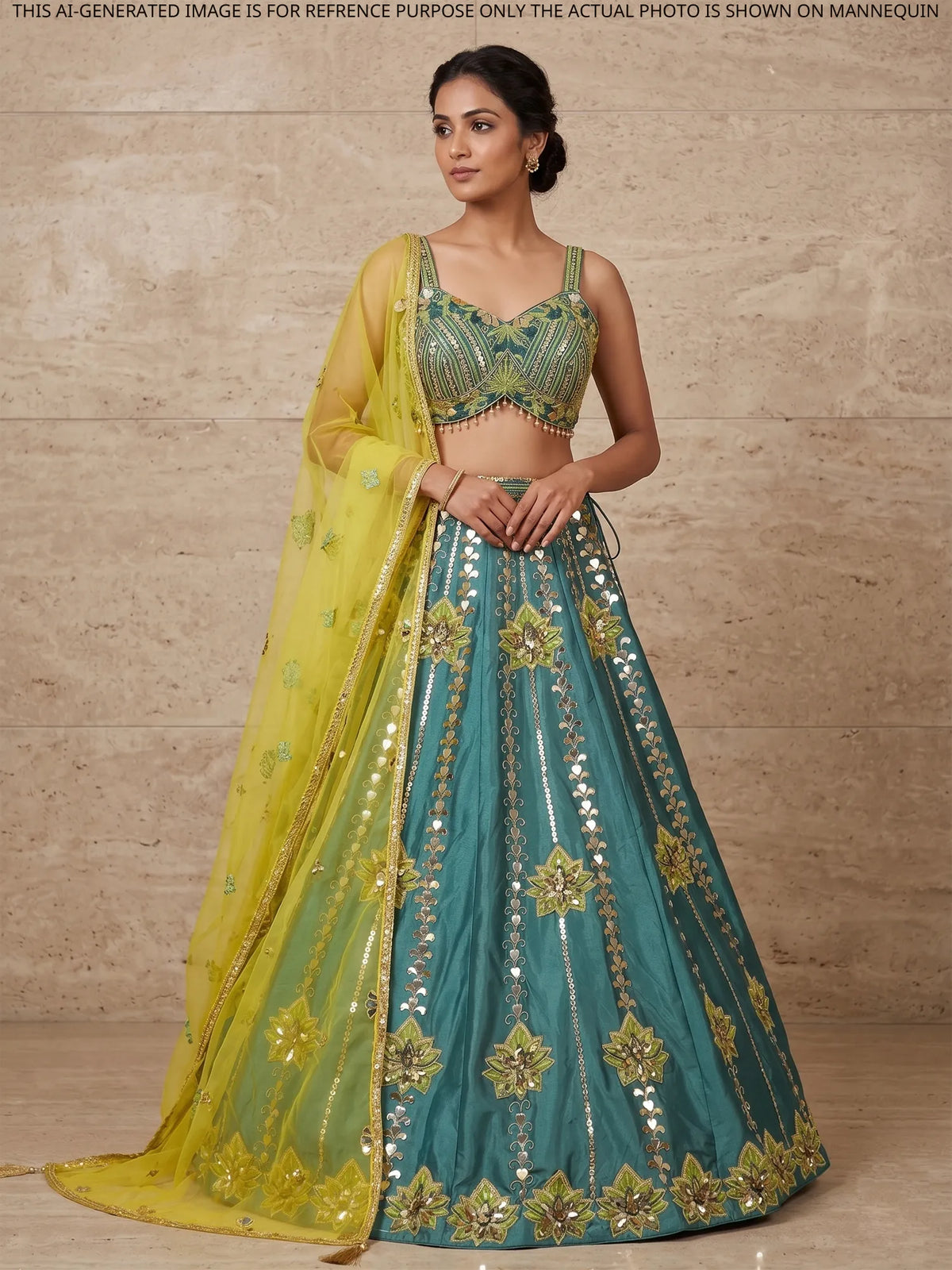 MyFashion KLS-2689 Teal Raw Silk Aplique Work lehenga