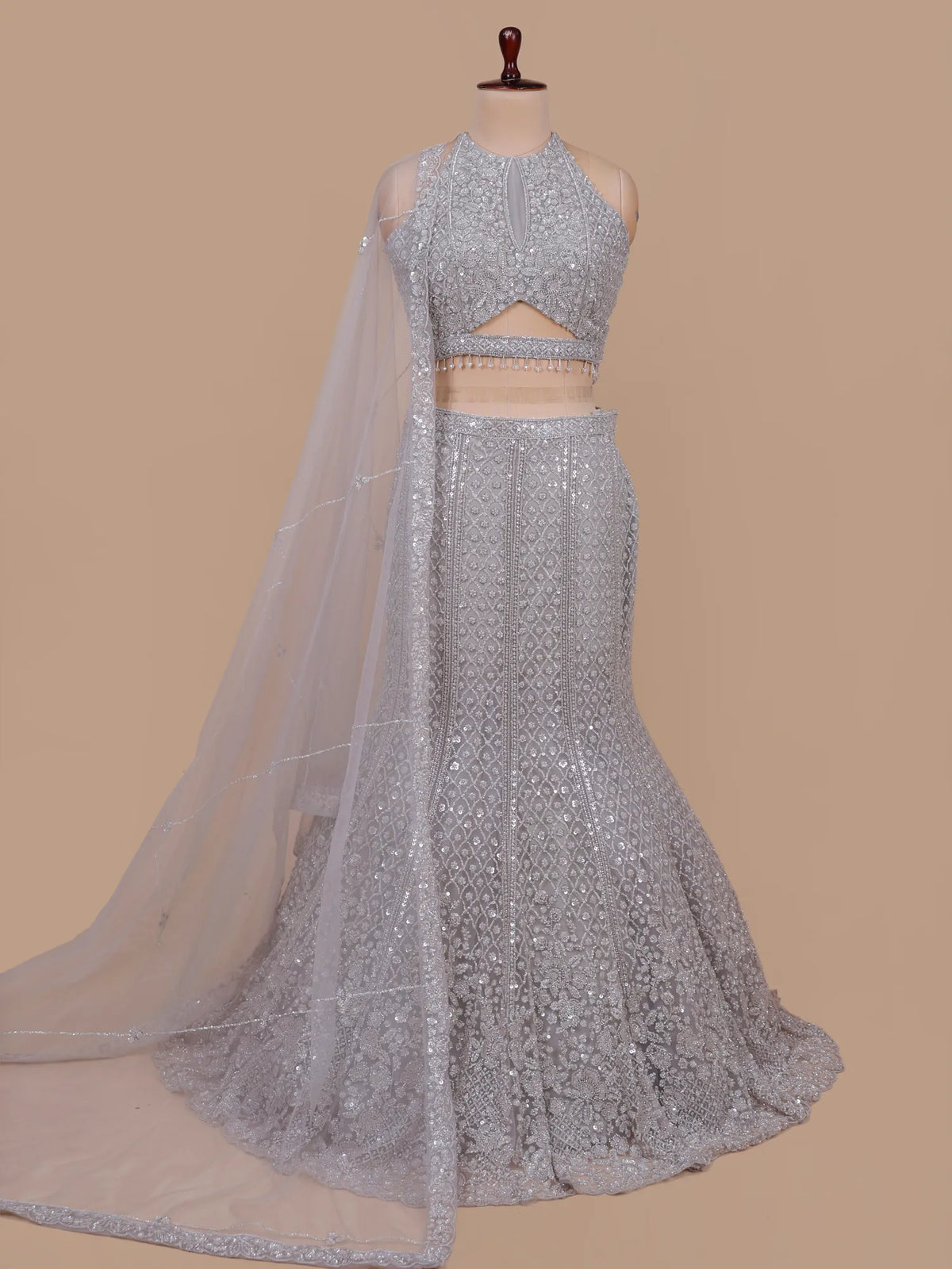 MyFashion KLS-2745 Silver Net Fishcut Wedding Lehenga Cut Dana Work Design