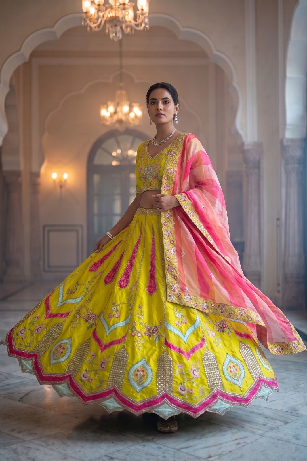 MyFashion -REET Varnika Woman's Lemon Yellow Silk Zari Embroidered Sequins Lehenga