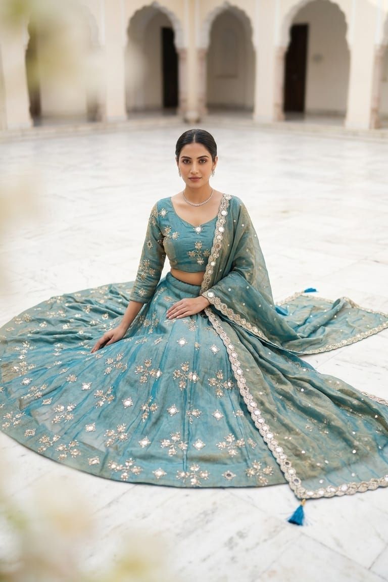 MyFashion -REET Mehar Women's Mirror Work Sequins Tissue Silk Lehenga