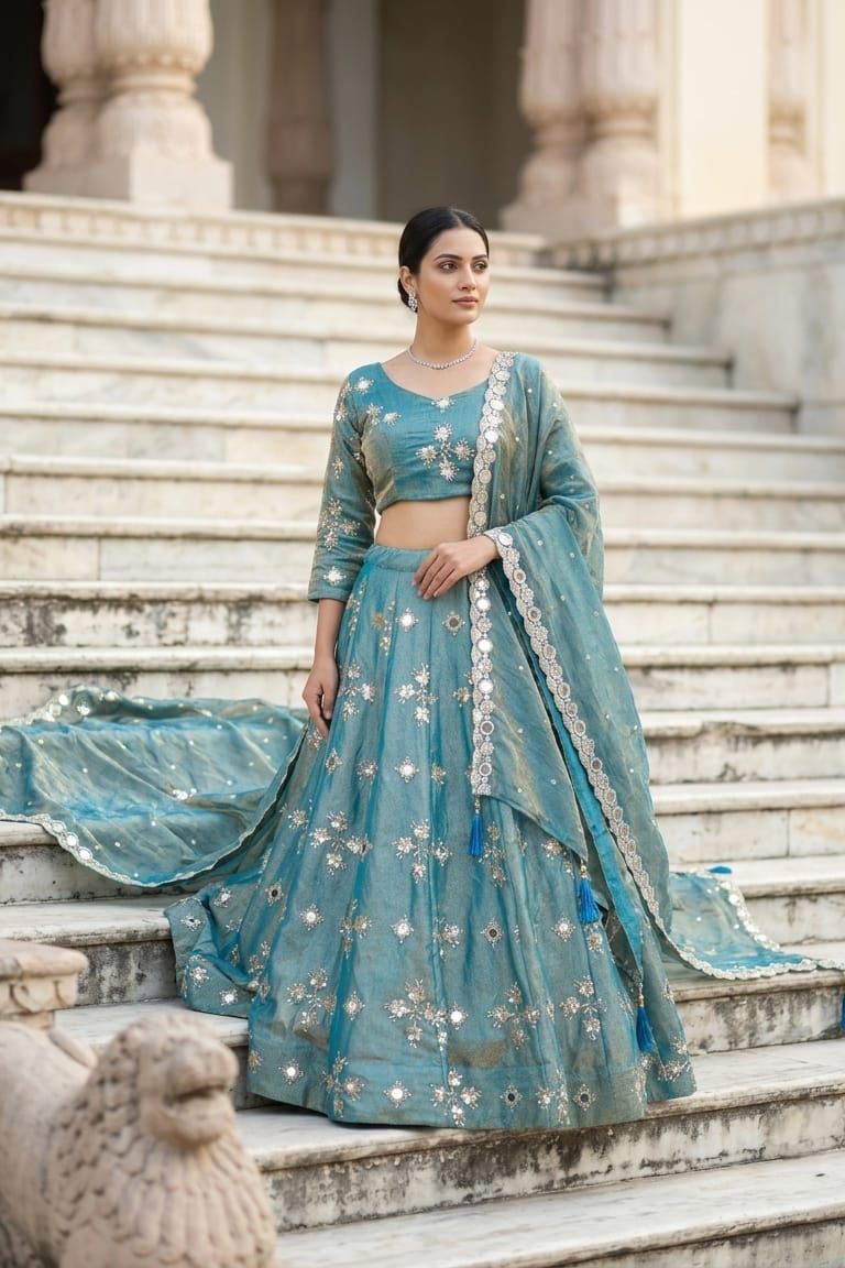 MyFashion -REET Mehar Women's Mirror Work Sequins Tissue Silk Lehenga