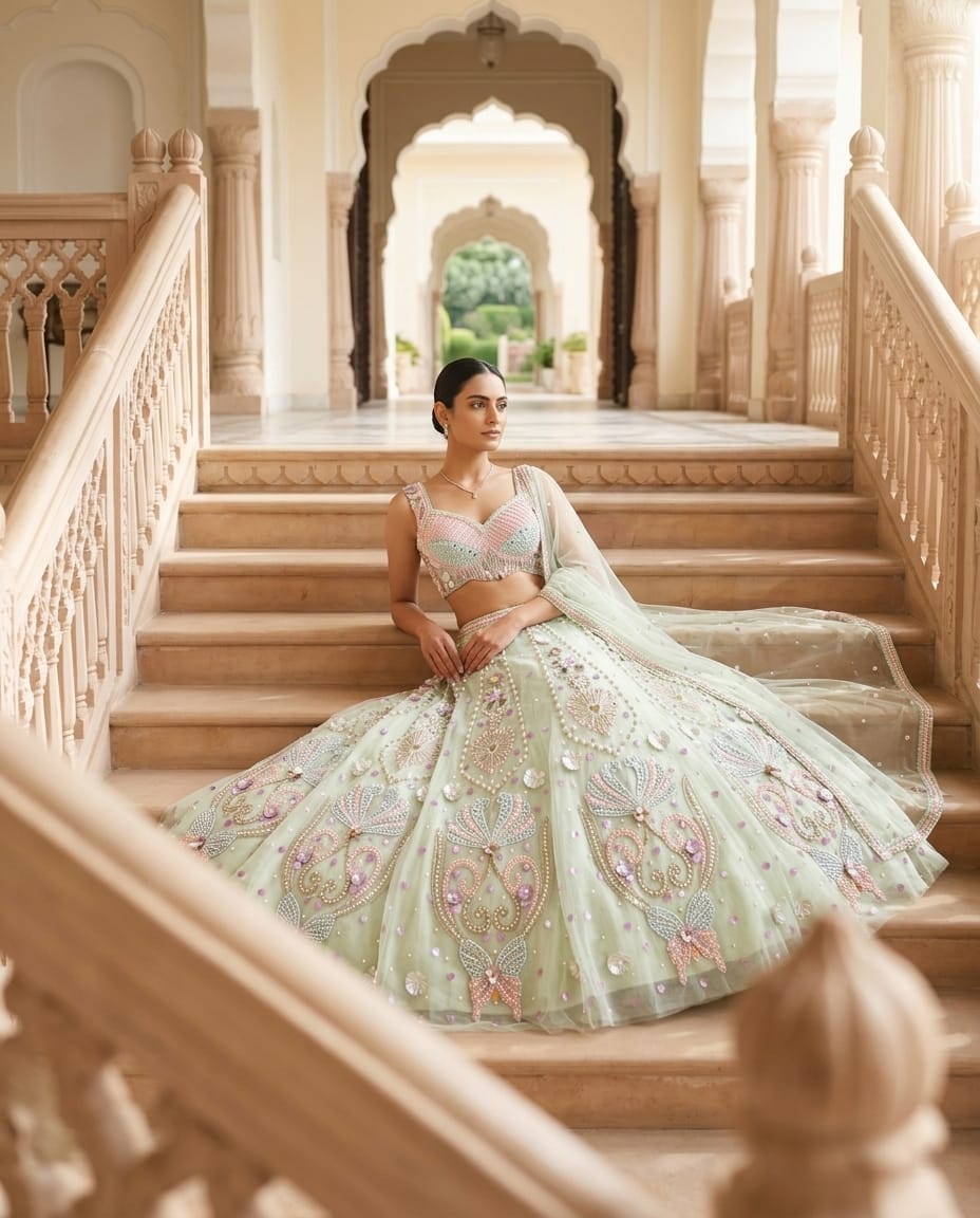 MyFashion -REET Titli 3D Floral Pearl Work Net Lehenga Choli