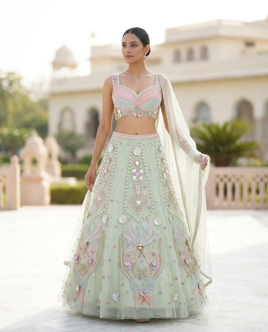 MyFashion -REET Titli 3D Floral Pearl Work Net Lehenga Choli