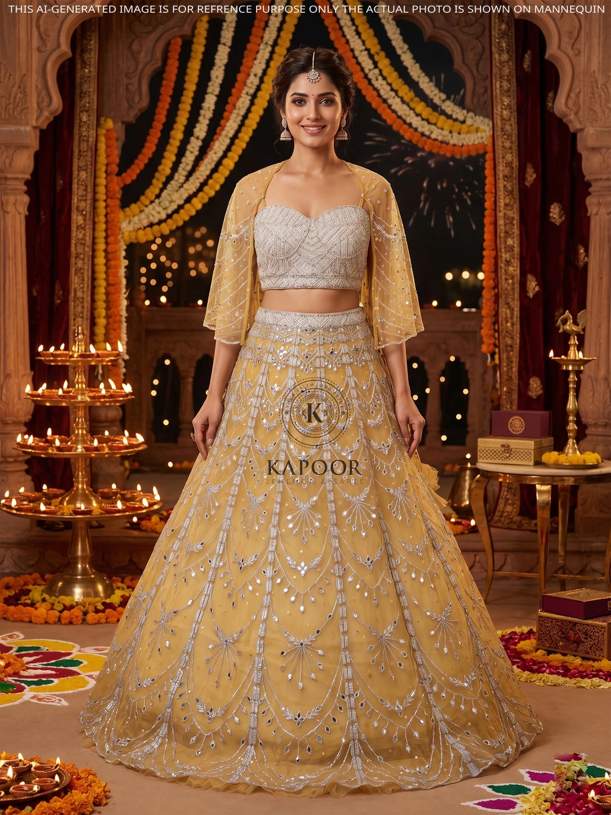 MyFashion KLS-2667 Sequin Pearl Mirror work Net Yellow Lehenga