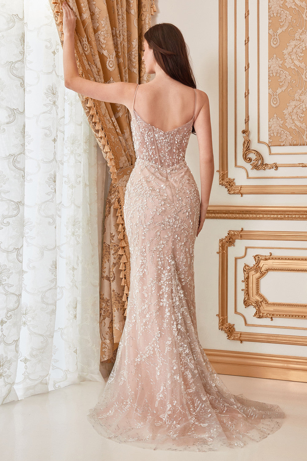 Fitted Embellished Nude Gown By Andrea And Leo -A1186