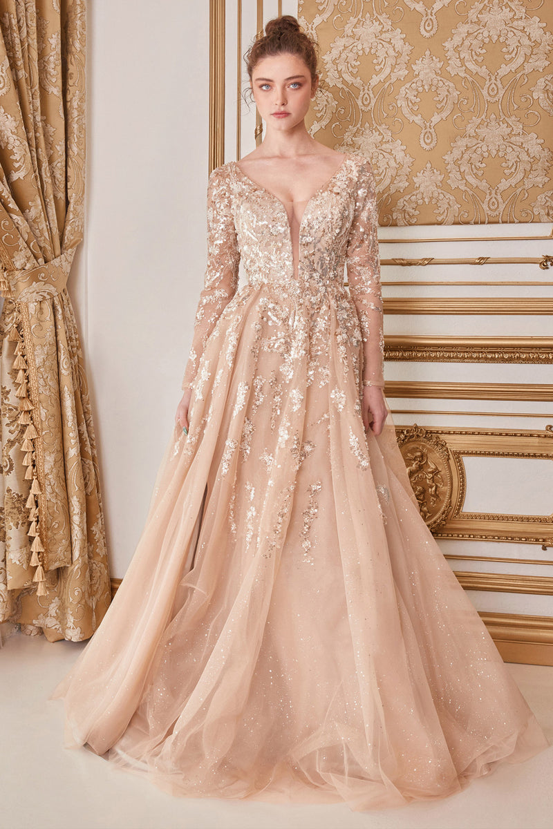 Long Sleeve Beaded A-Line Gown By Andrea And Leo -A1215