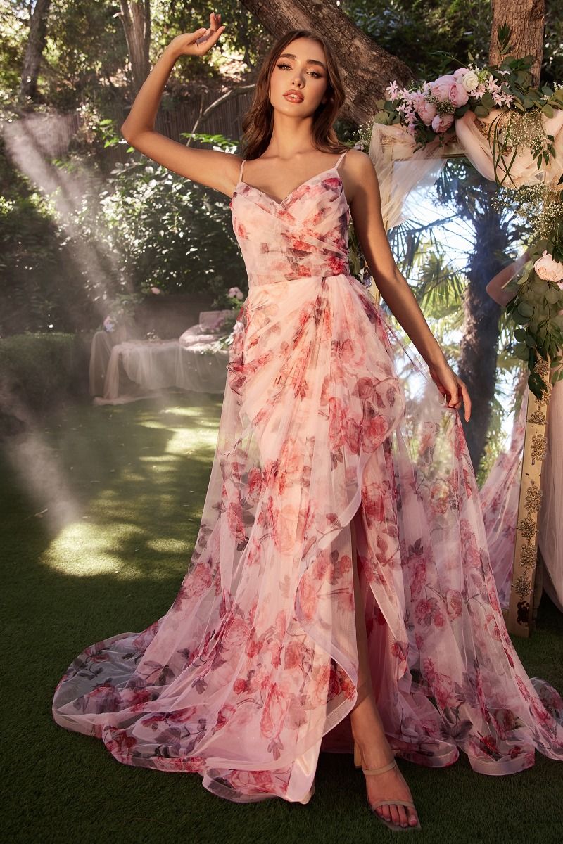 Andrea And Leo -A1290 Floral Print Slit Long Gown