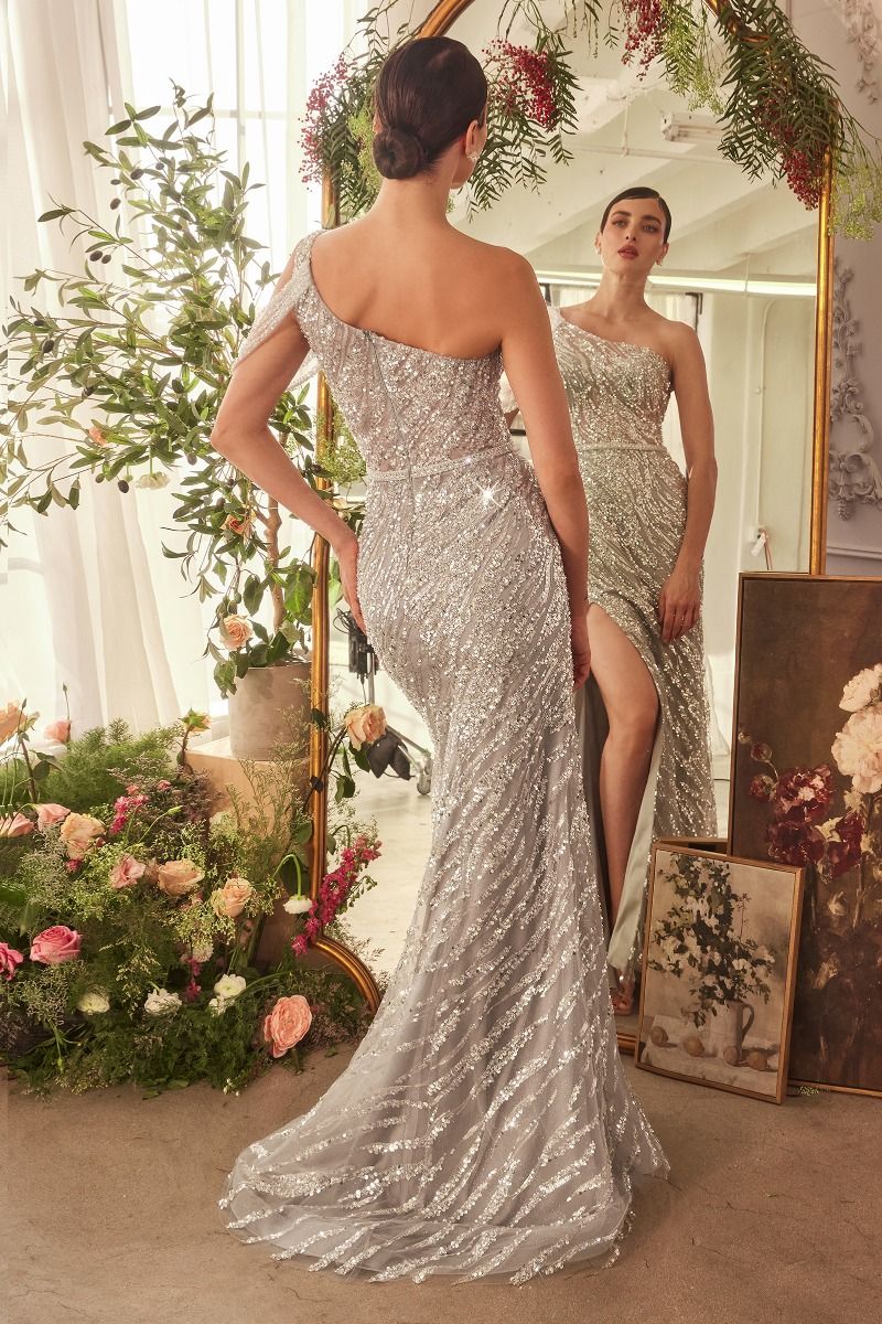 Andrea and Leo -A1370 Fitted Beaded One Shoulder Sheath Dress