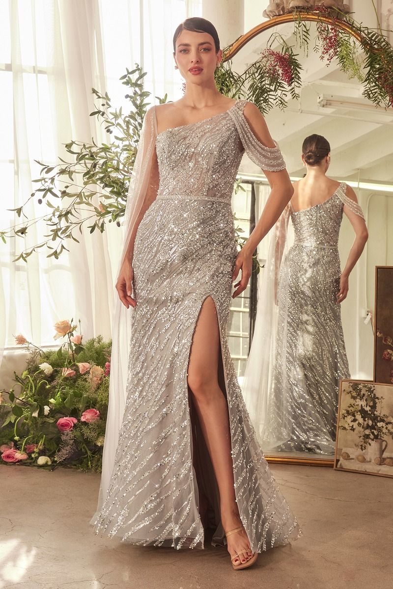 Andrea and Leo -A1370 Fitted Beaded One Shoulder Sheath Dress