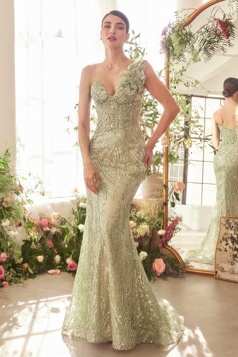 Andrea and Leo -A1392 One Shoulder Fully Beaded Floral Motif Gown