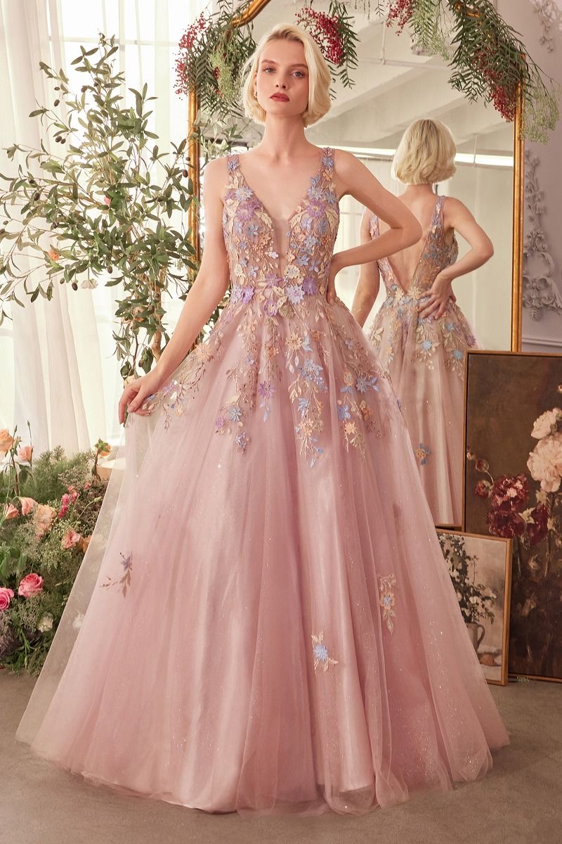 Andrea and Leo -A1394 V-Neck Floral Applique Tulle A-Line Dress