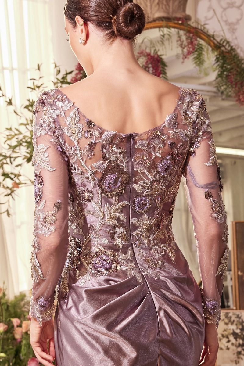Andrea and Leo -A1403 Long Sleeve Appliqued Sheath Gown