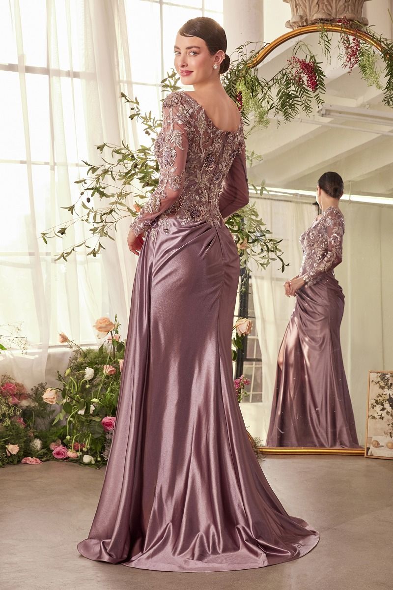 Andrea and Leo -A1403 Long Sleeve Appliqued Sheath Gown