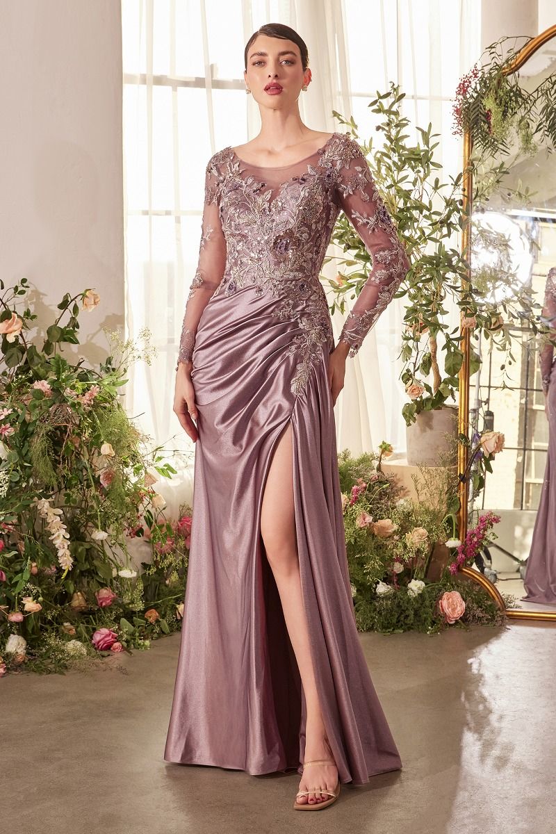 Andrea and Leo -A1403 Long Sleeve Appliqued Sheath Gown