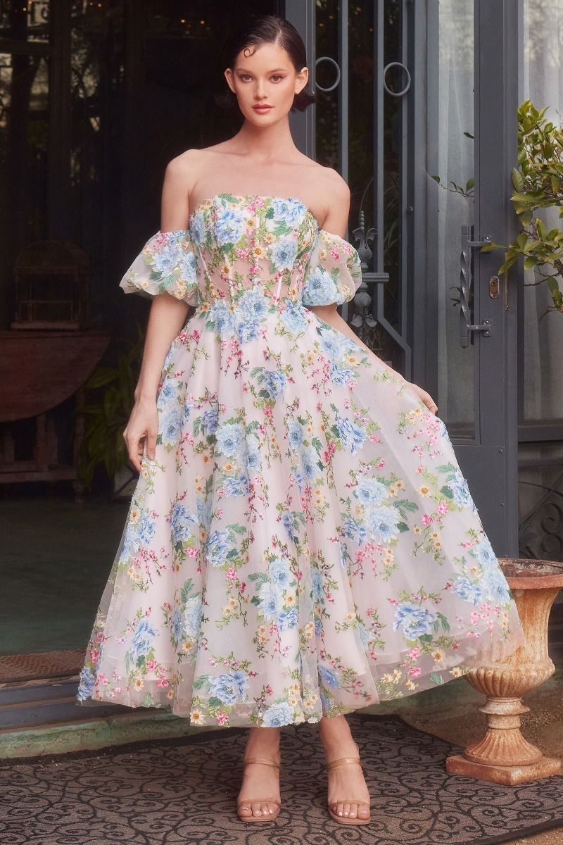 Andrea and Leo -A1406 Floral Strapless Printed Tea Length A-Line Dress