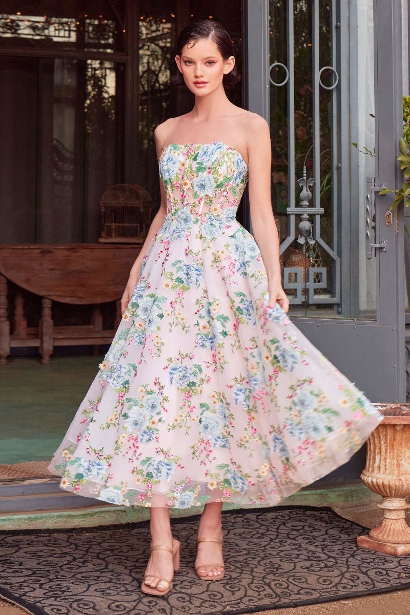 Andrea and Leo -A1406 Floral Strapless Printed Tea Length A-Line Dress