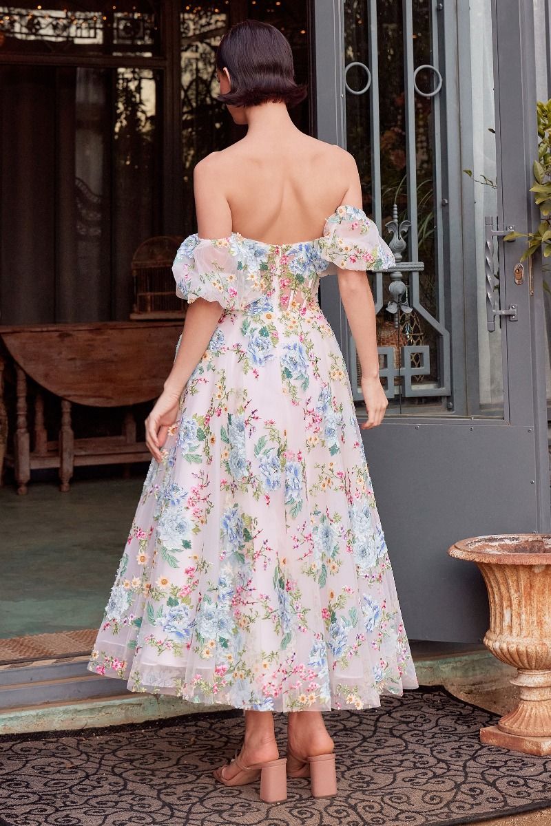 Andrea and Leo -A1406 Floral Strapless Printed Tea Length A-Line Dress