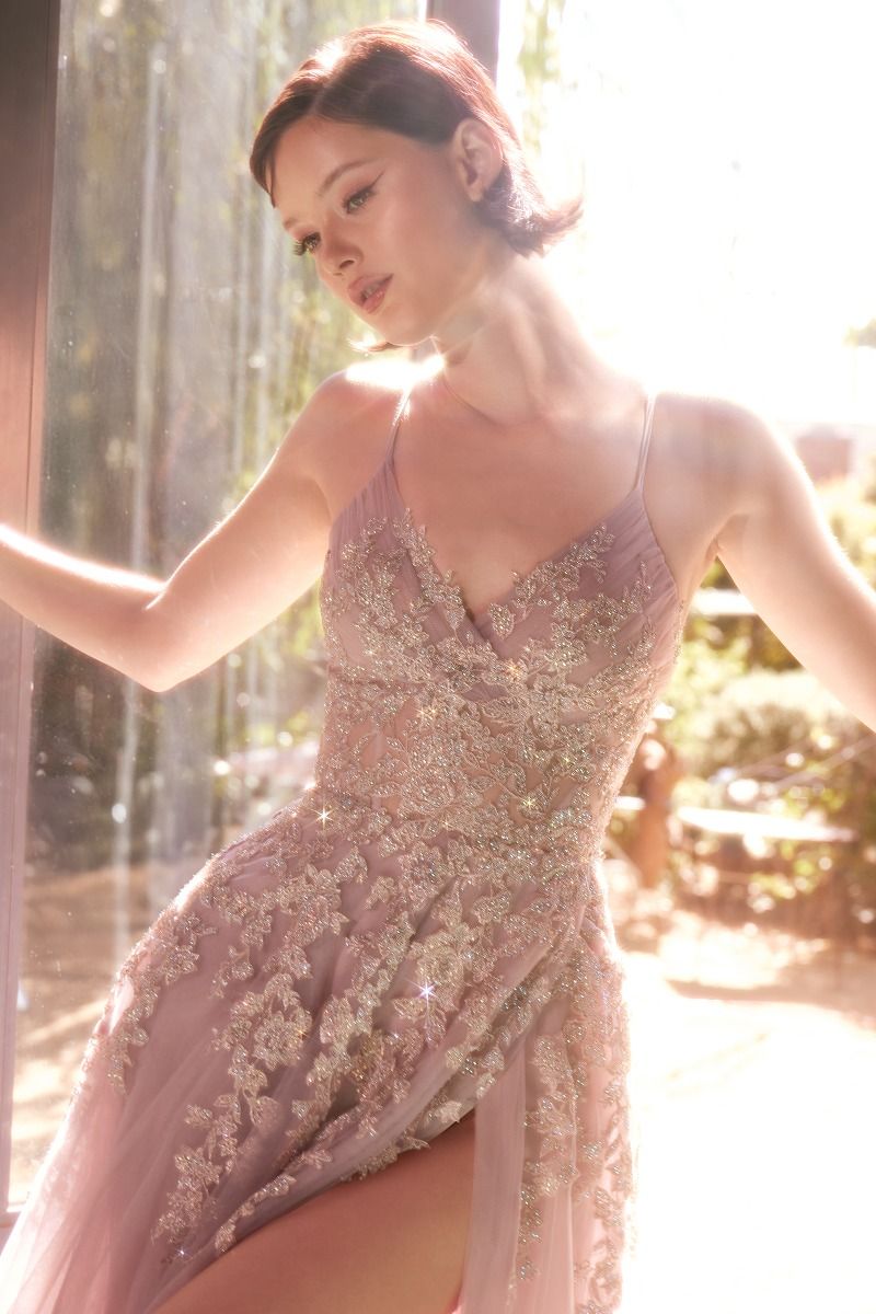 Andrea and Leo -A1416 V-Neck Lace Bodice Embellished A-Line Dress