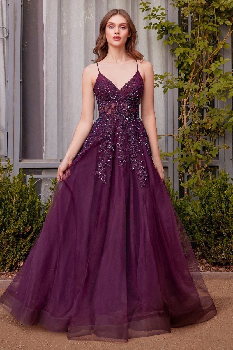 Andrea and Leo -A1416 V-Neck Lace Bodice Embellished A-Line Dress