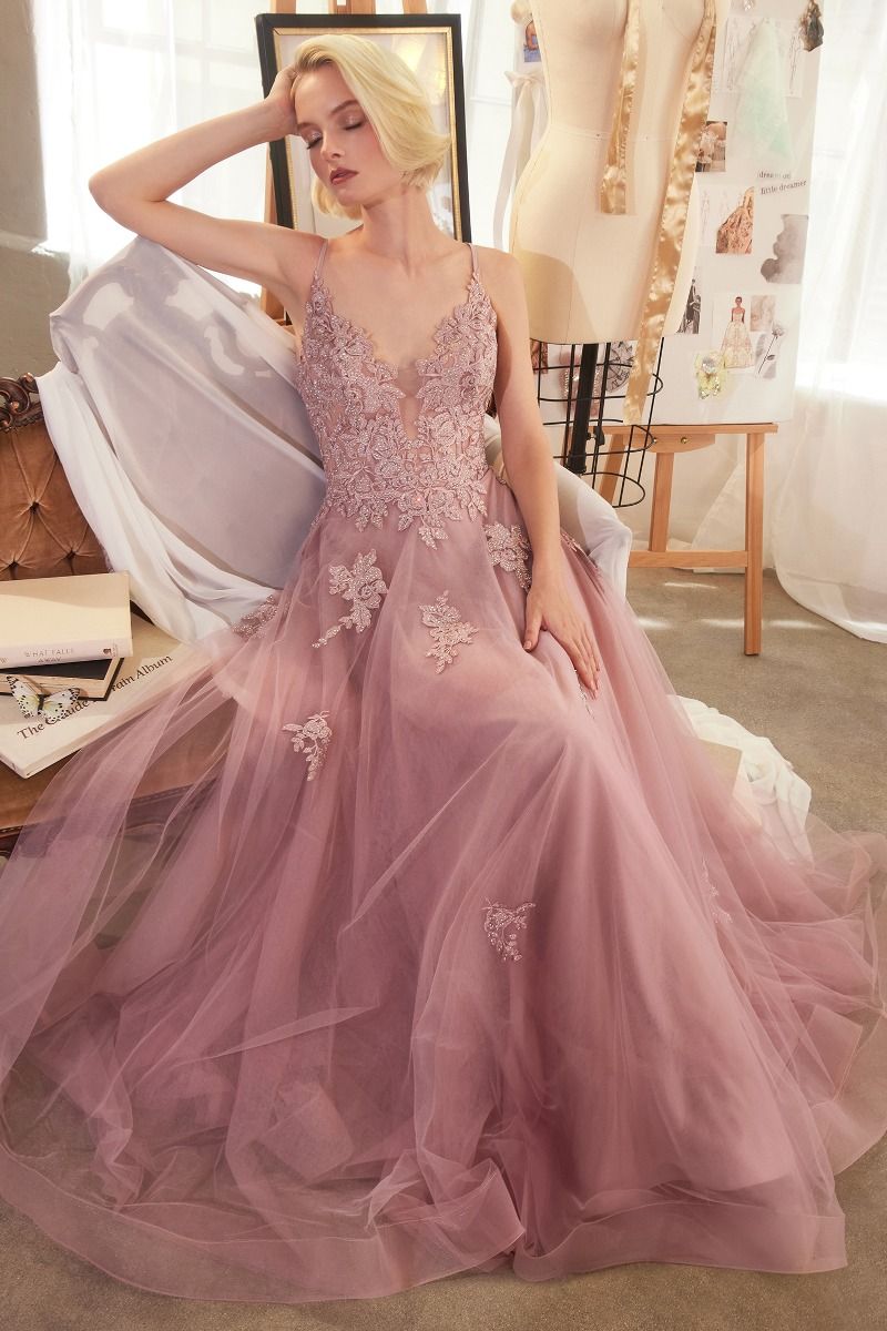 Andrea and Leo -A1417 Lace Applique Tulle A-Line Dress