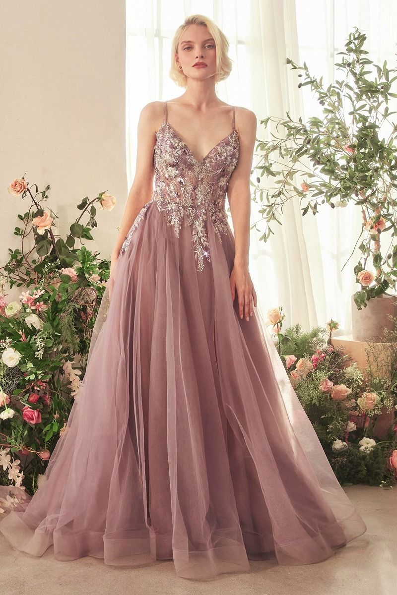 Andrea And Leo -A1419 V-Neck Lace Applique Tulle A-Line Dress