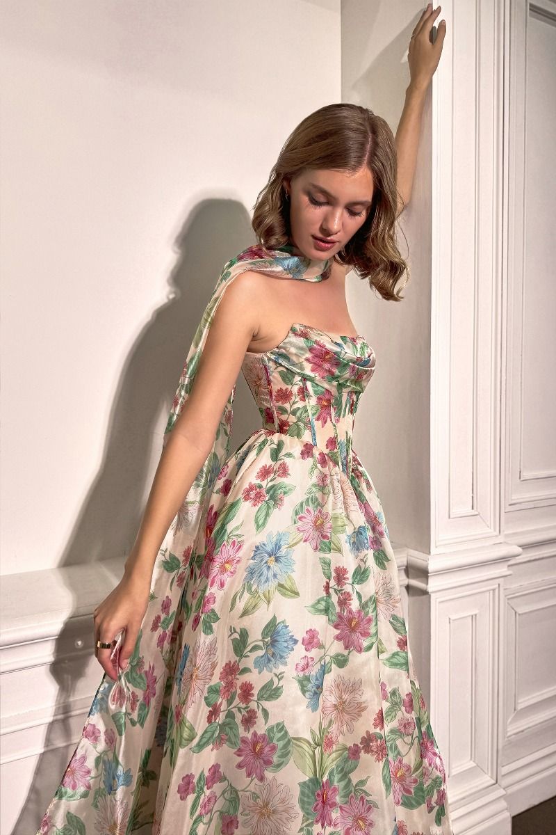 Andrea and Leo -A1425 Floral Print Strapless A-line Gown
