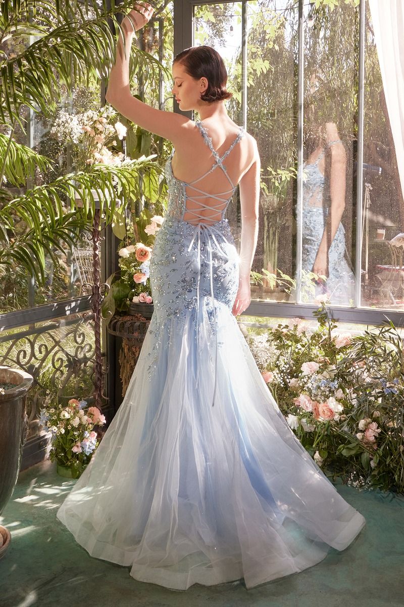 Andrea and Leo -A1429 Plunging neckline, sequin floral applique & leg slit Gown