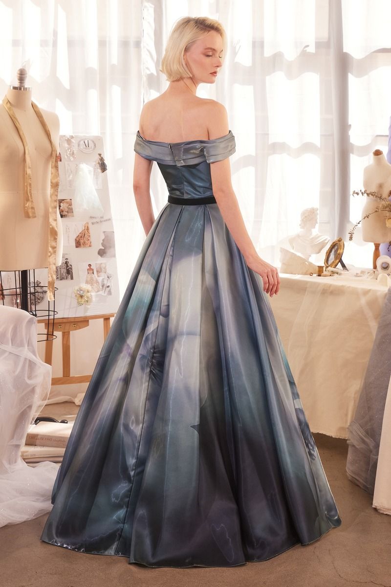 Andrea and Leo -A1431 Off Shoulder Pleated Printed Satin Ball Gown