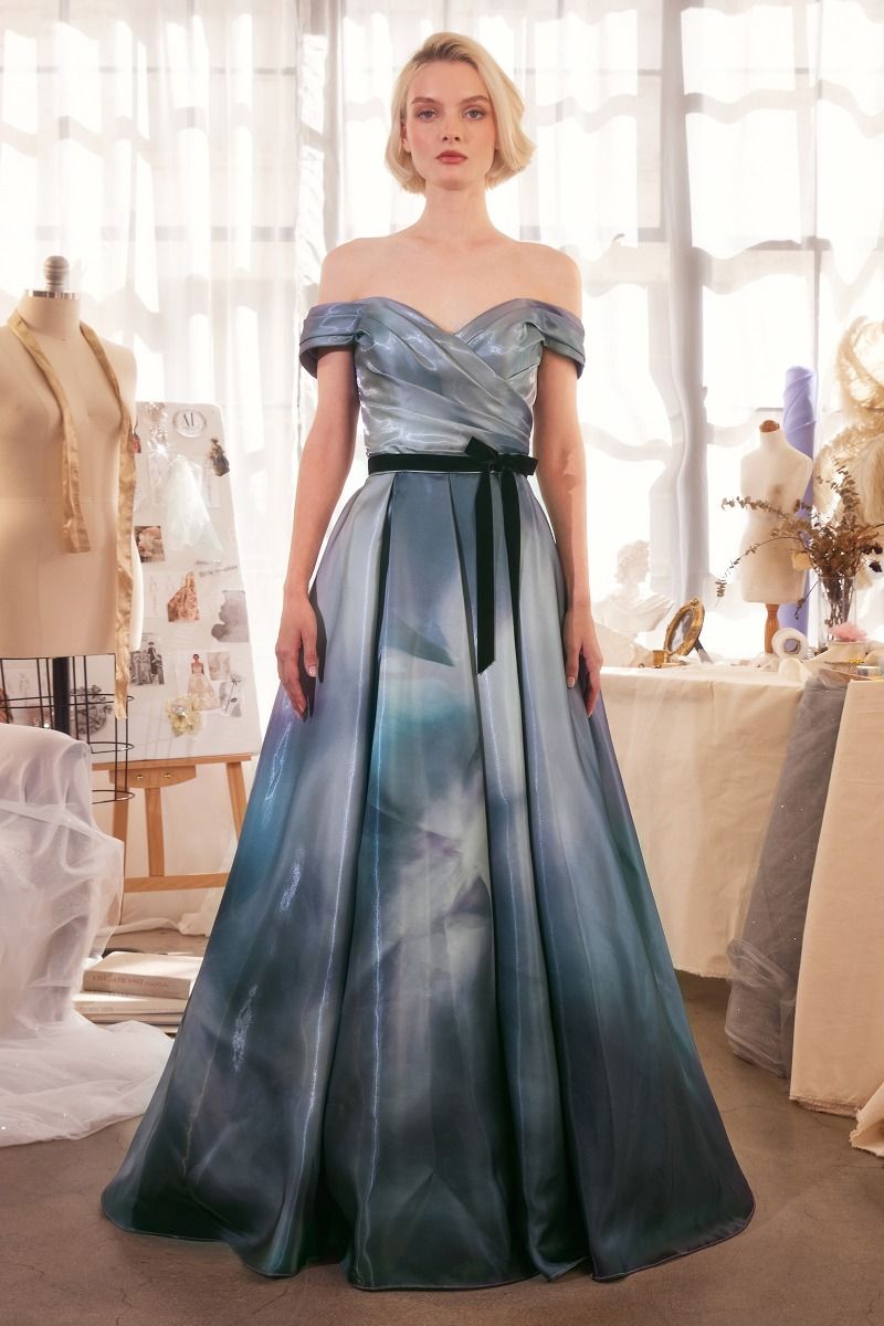 Andrea and Leo -A1431 Off Shoulder Pleated Printed Satin Ball Gown