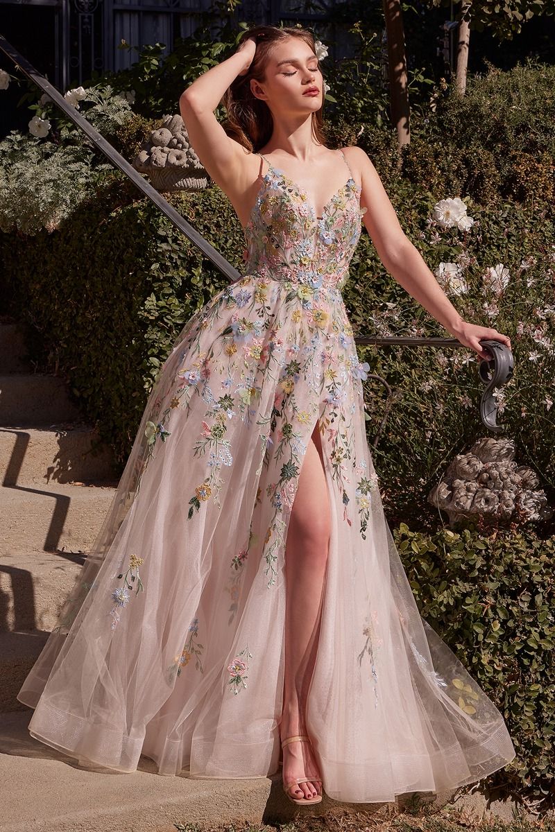 Andrea and Leo -A1460 V-neck Thin Straps, Multi-Colored Floral Applique Gown