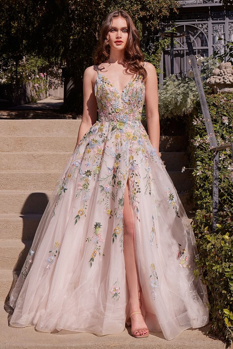 Andrea and Leo -A1460 V-neck Thin Straps, Multi-Colored Floral Applique Gown