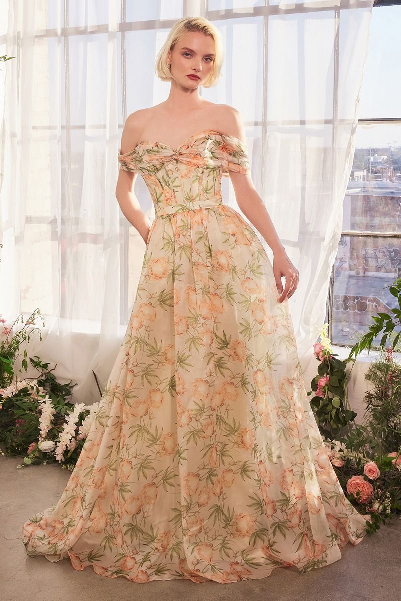 Andrea and Leo -A1466 Off Shoulder Printed A-Line Dress