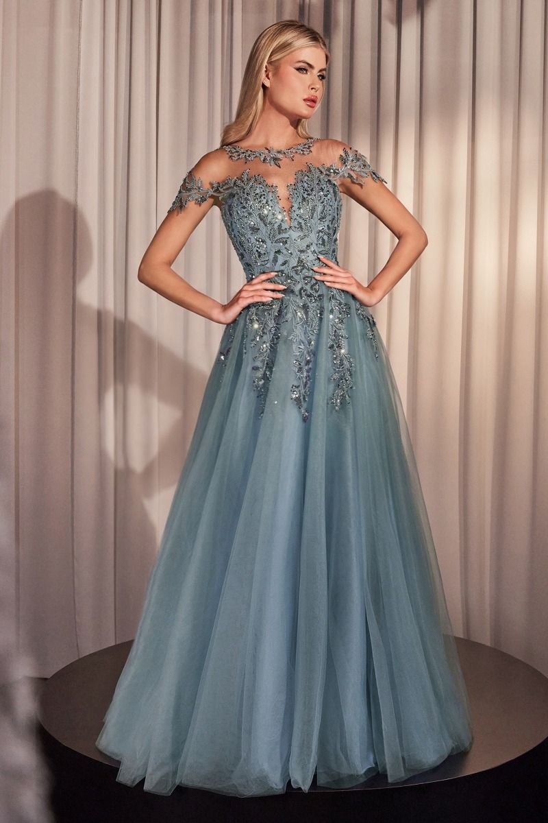 Andrea and Leo -A1475 Floral Applique Illusion A-Line Gown