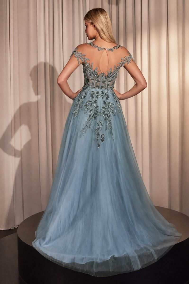 Andrea and Leo -A1475 Floral Applique Illusion A-Line Gown