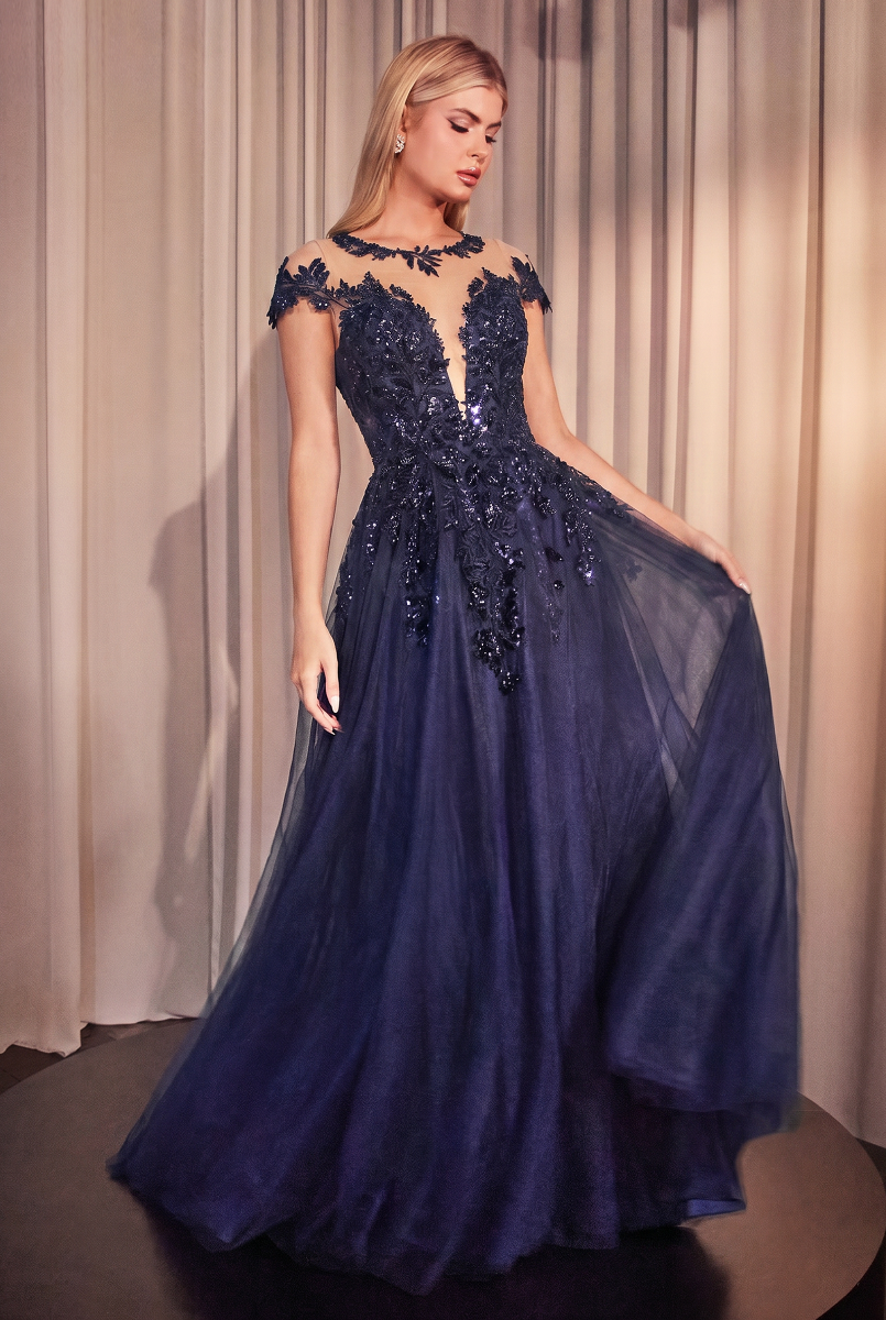 Andrea and Leo -A1475 Floral Applique Illusion A-Line Gown