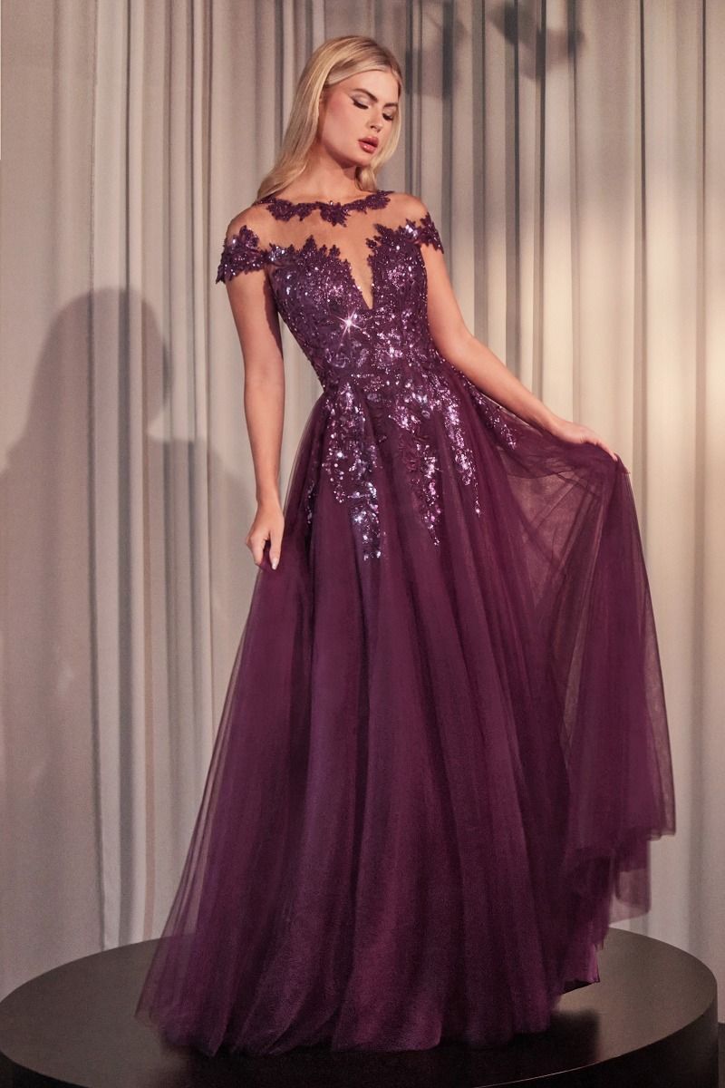 Andrea and Leo -A1475 Floral Applique Illusion A-Line Gown