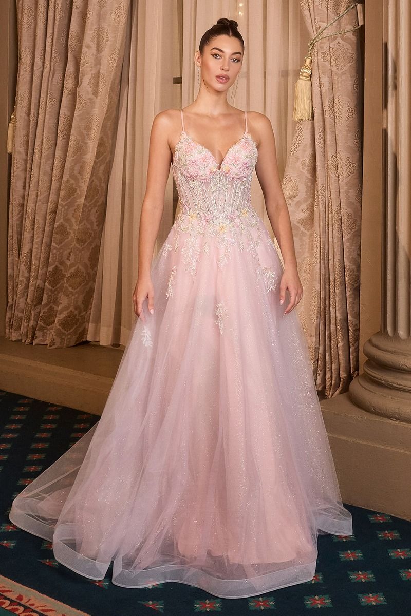 Andrea and Leo -A1477 Floral Applique V-Neck A-line Gown