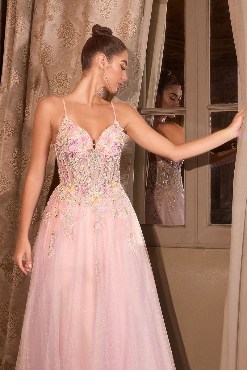 Andrea and Leo -A1477 Floral Applique V-Neck A-line Gown