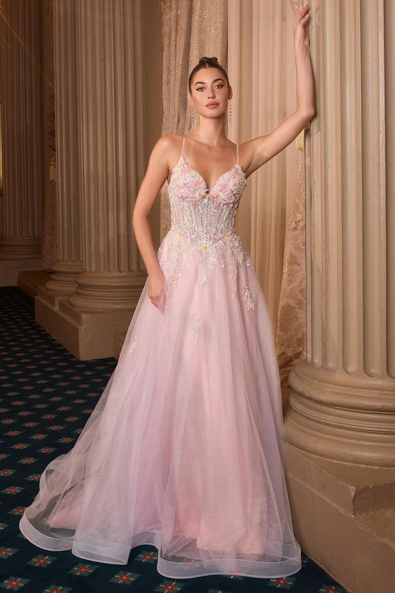 Andrea and Leo -A1477 Floral Applique V-Neck A-line Gown