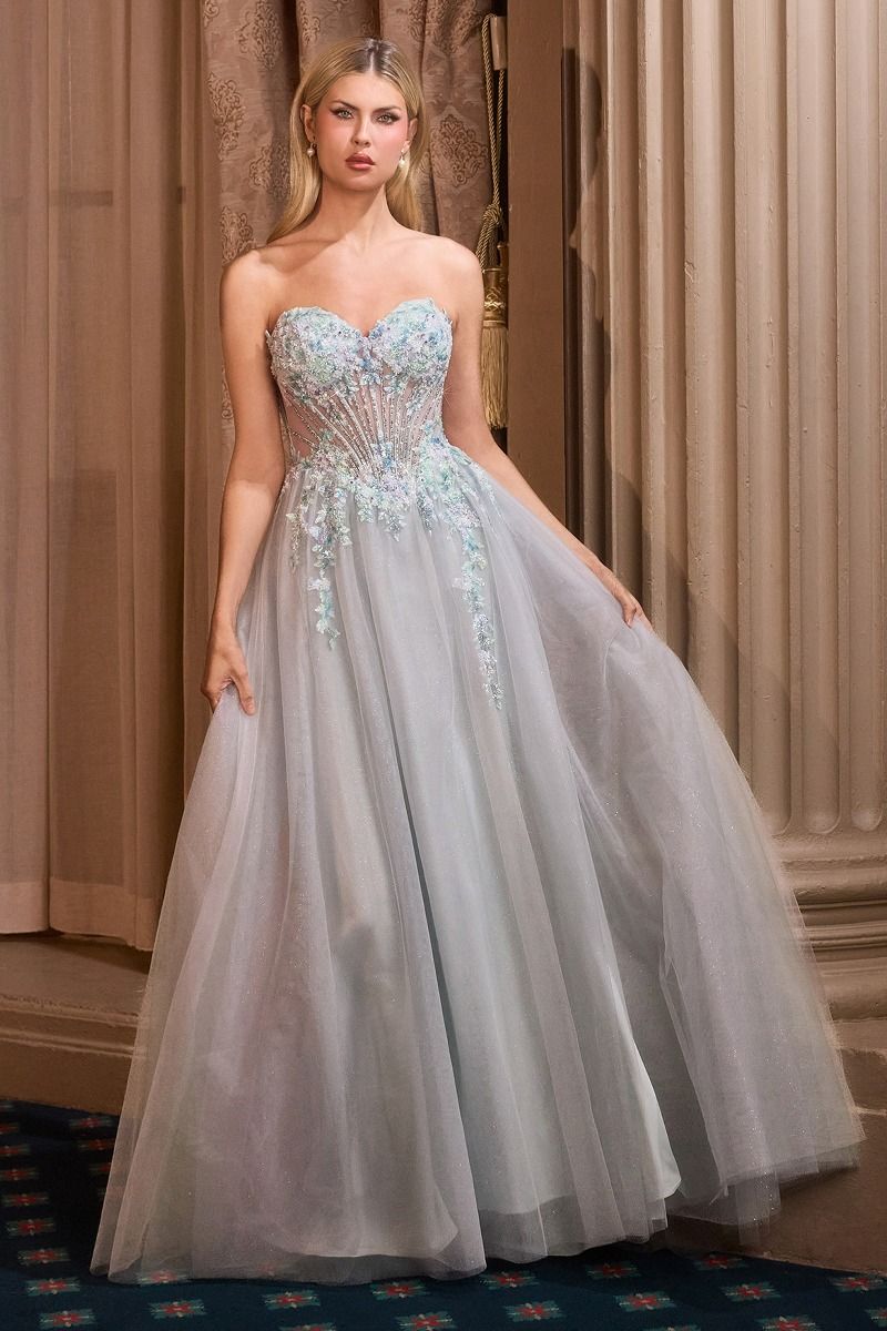 Andrea and Leo -A1478 Floral Applique Strapless A-line Gown