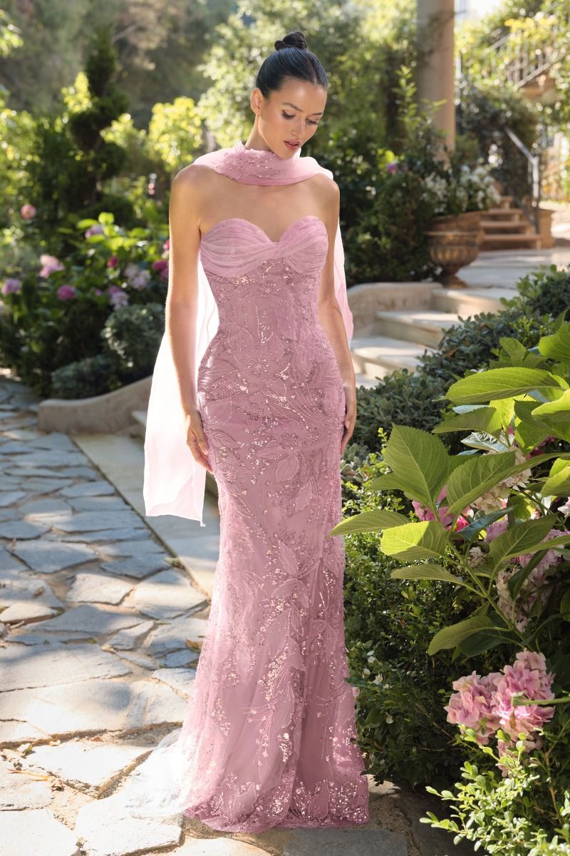 Andrea and Leo -A1484 Fitted Floral Embroidered Sheath Gown
