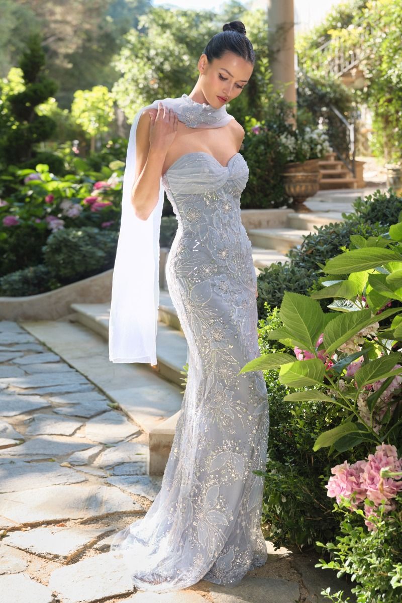 Andrea and Leo -A1484 Fitted Floral Embroidered Sheath Gown
