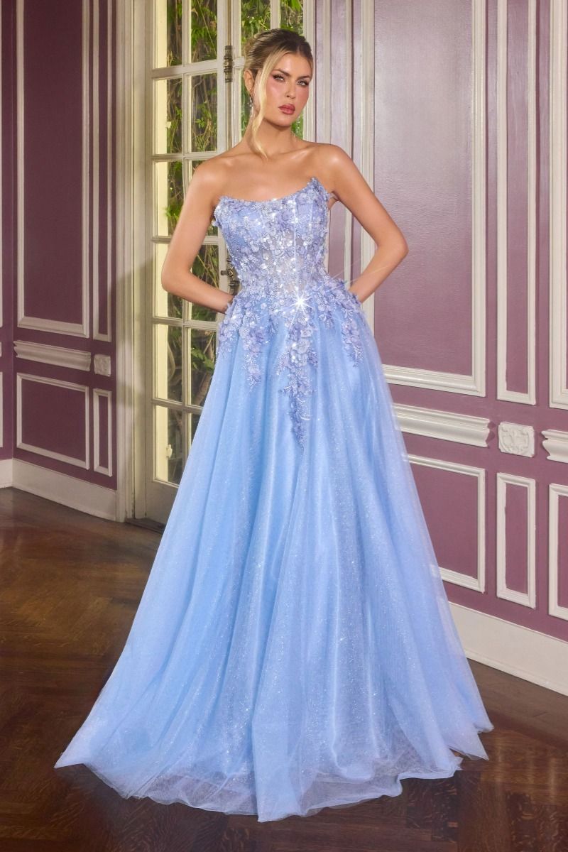 Cinderella Divine -C174 Ball gown with scoop neckline and glitter tulle 3D floral embellishment
