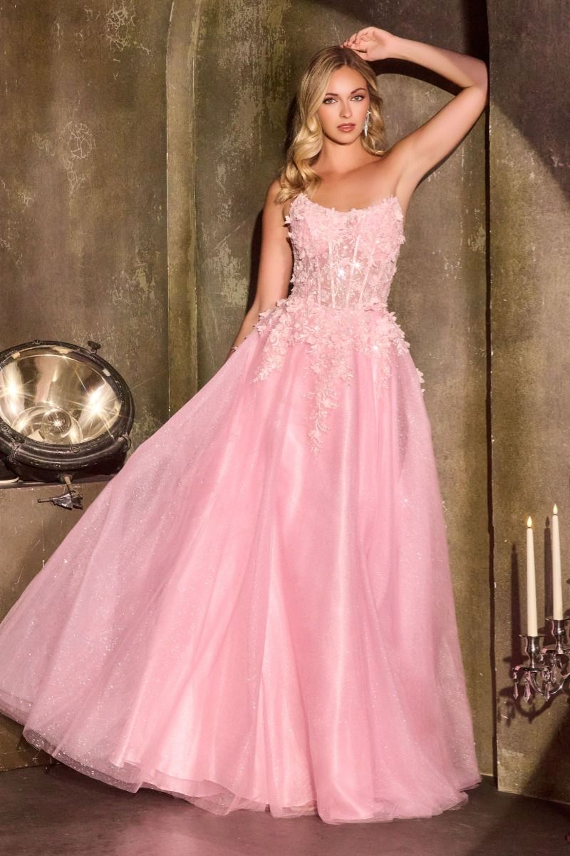 Cinderella Divine -C174 Ball gown with scoop neckline and glitter tulle 3D floral embellishment