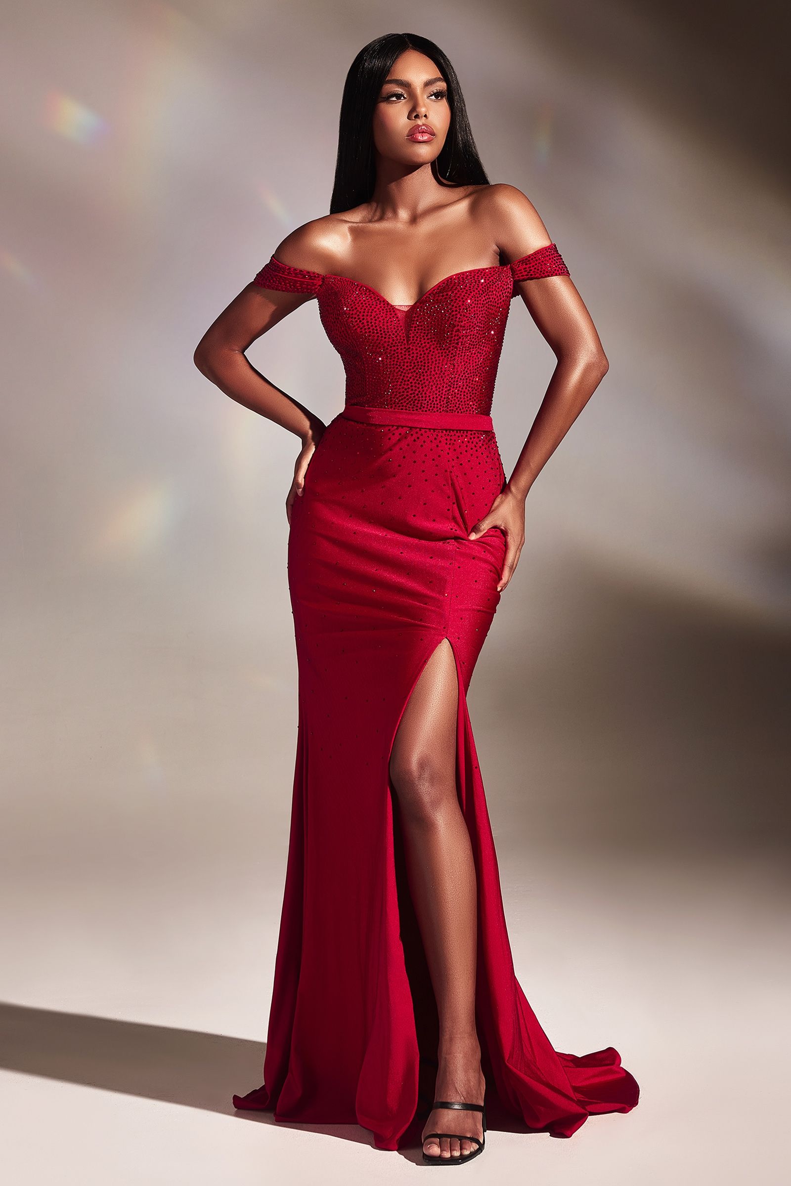 Off The Soulder Hot Stone Fitted Gown By Cinderella Divine -CA106