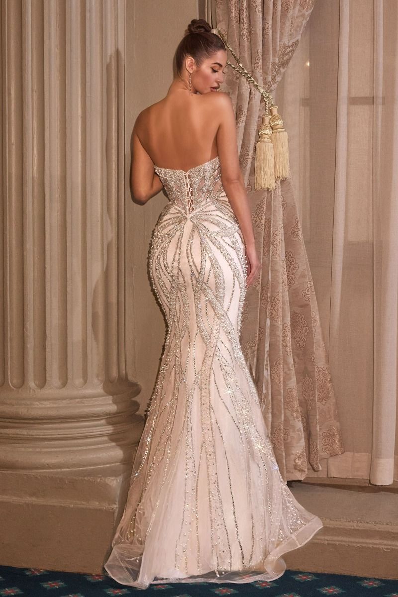Cinderella Divine -CC0688W Beaded Plung Neck Strapless Long Gown