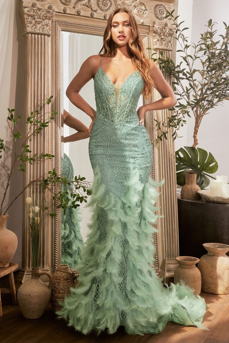 Cinderella Divine –CC1608 V-Neck Feather Mermaid Dress