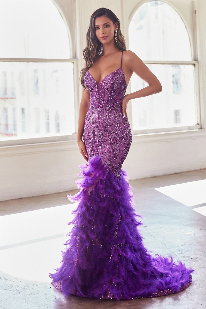 Cinderella Divine -CC2308 Embellished Feathered Mermaid Dress