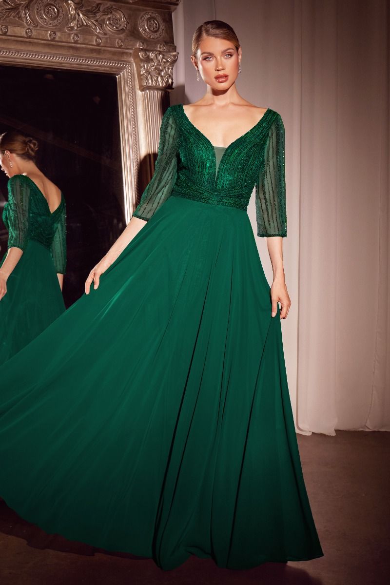 Cinderella Divine -CC446 A-Line Deep V-Neck Chiffon Gown