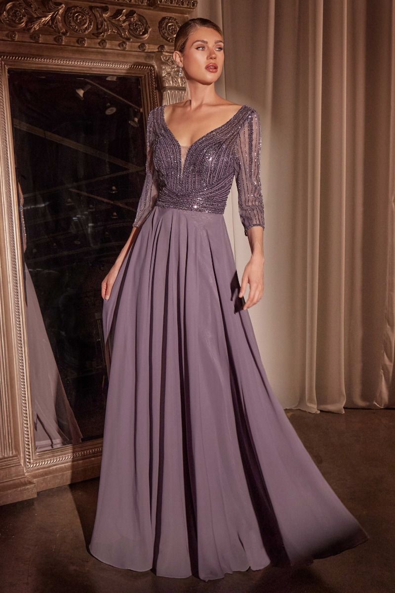 Cinderella Divine -CC446 A-Line Deep V-Neck Chiffon Gown